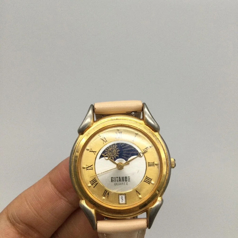Vintage Gitano Womens Watch 33mm Gold Tone Leather Date Day Night New Battery